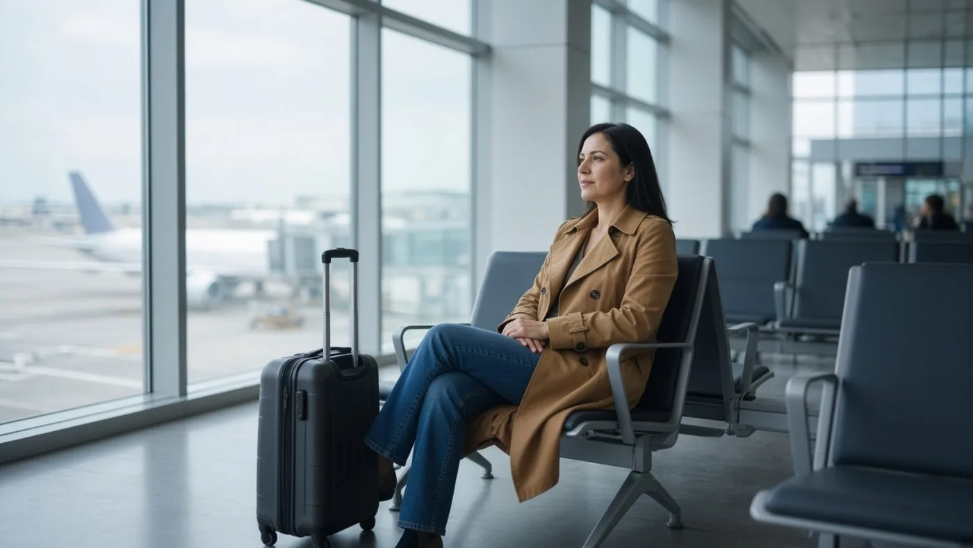Woman in a trench coat waiting at an airport gate with a carry-on suitcase before international travel
