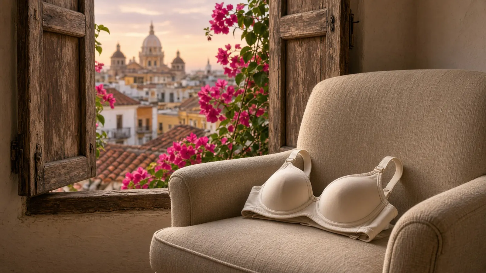 Soft cream support bra folded on a linen chair beside shuttered Caribbean windows overlooking Cartagena rooftops at dusk