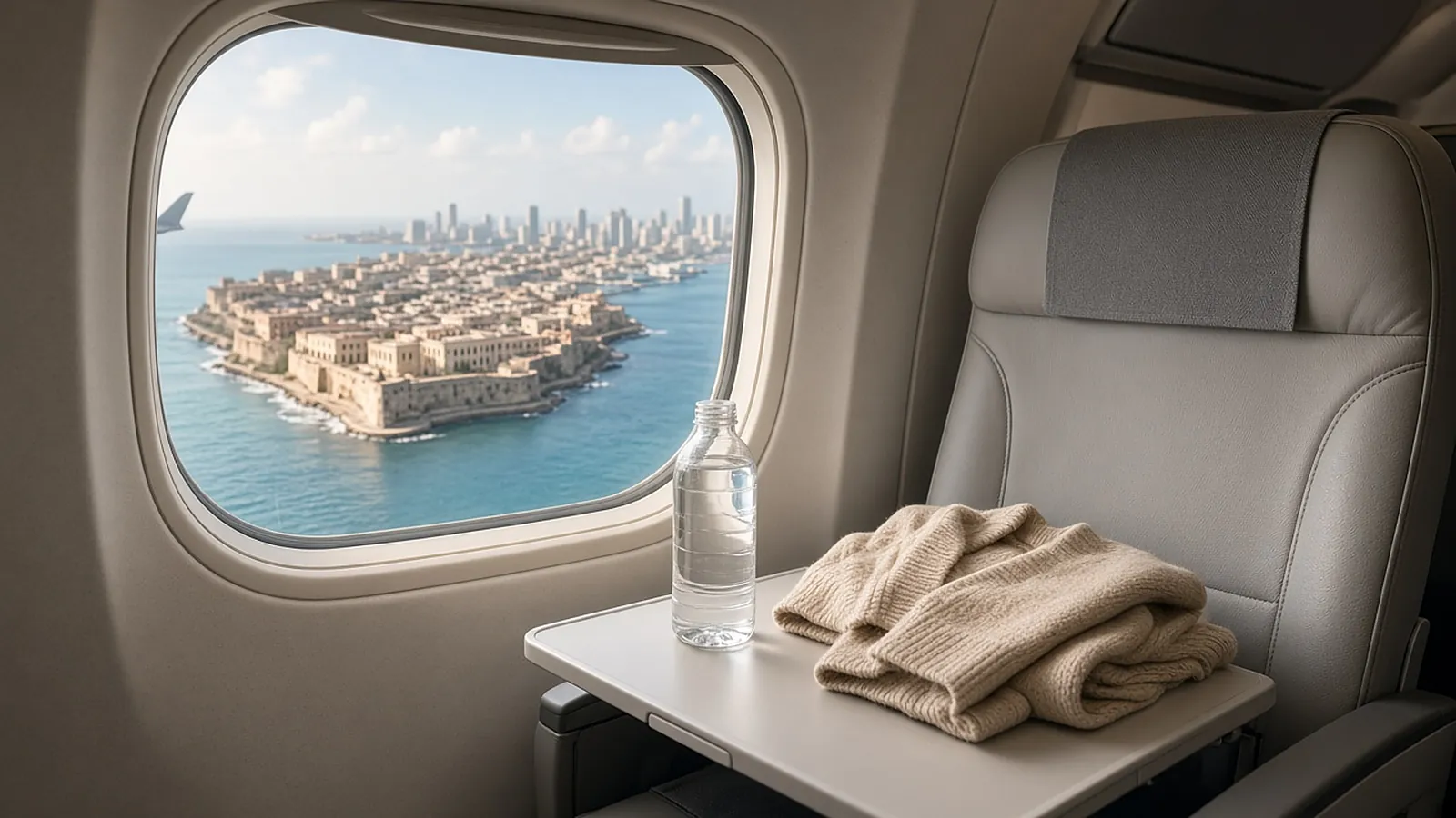 Airplane window seat with a water bottle and folded cardigan on the tray, overlooking the Caribbean coast and a walled colonial city