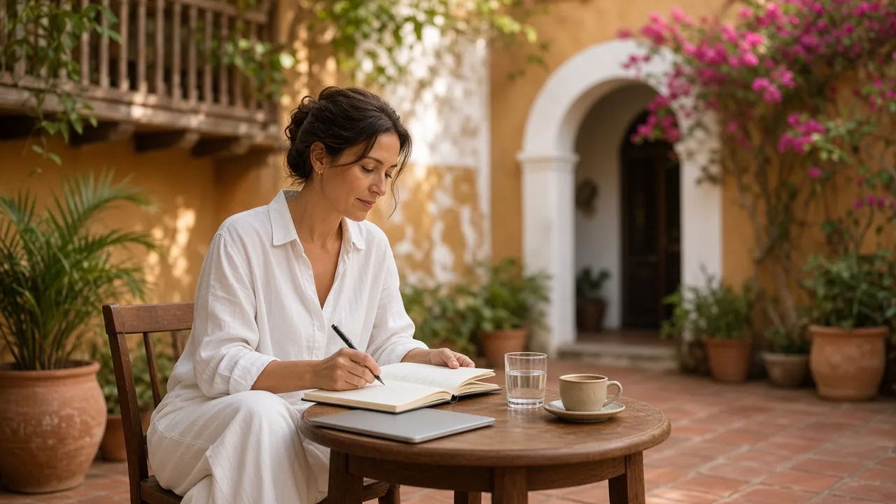 Woman in a loose linen shirt seated at a wooden table in a shaded colonial courtyard in Cartagena, writing in a notebook beside a laptop and a glass of water
