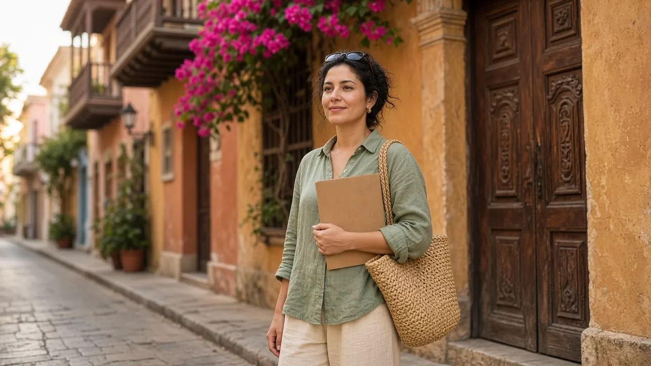 Mujer con una camisa holgada de lino verde salvia caminando por una calle colonial sombreada de Cartagena, con un bolso de paja al hombro y una carpeta cerrada contra el pecho