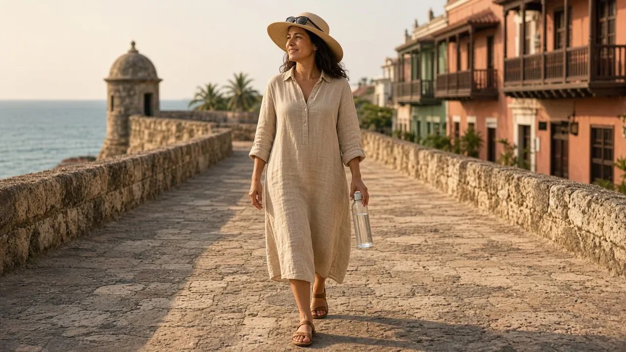 Mujer con vestido holgado de lino y sombrero caminando despacio por la muralla de Cartagena al final de la tarde, con el mar al fondo