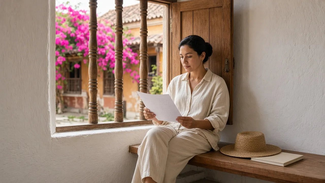Woman in a loose cream linen shirt sitting in the deep window seat of a colonial house in Cartagena, reading a printed letter, with a straw hat and a closed folder beside her