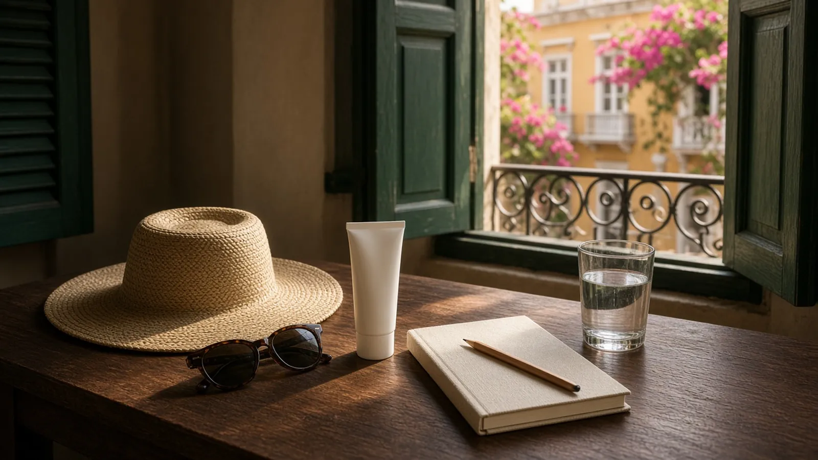 Wide-brim straw hat, folded sunglasses, sunscreen and a closed notebook on a wooden desk beside green colonial shutters in Cartagena