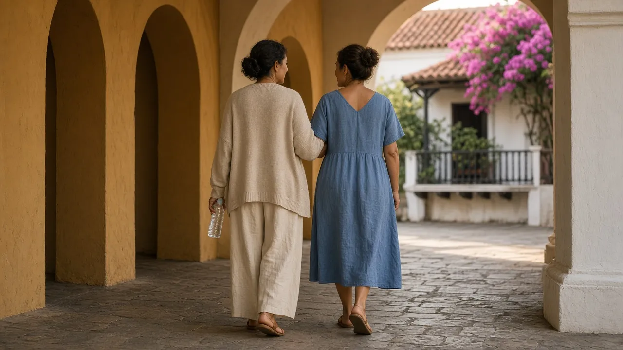 Dos mujeres caminando despacio del brazo bajo unos portales coloniales sombreados en Cartagena en la mañana