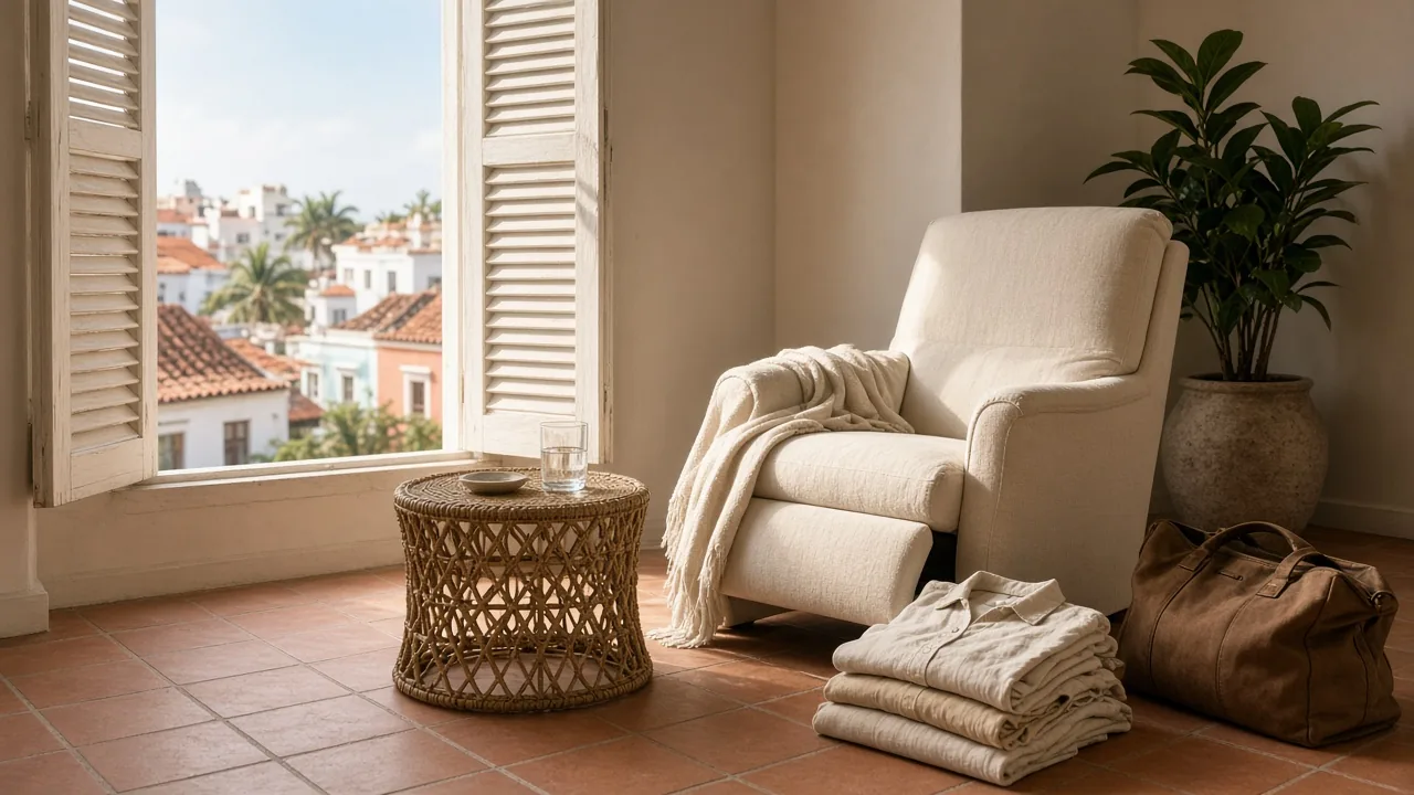 Cream linen recliner and folded high-waisted linen clothes beside open shutters overlooking the rooftops of Cartagena