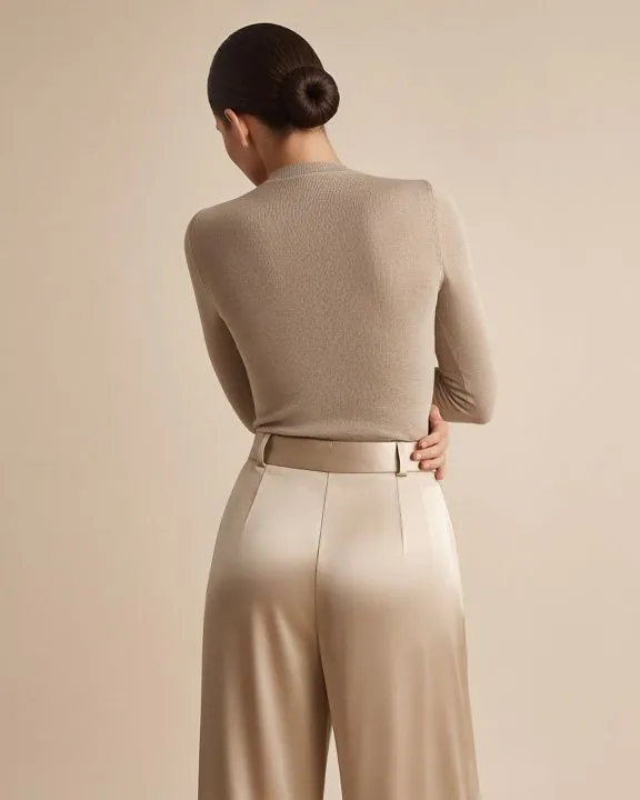 Woman seen from behind in a sand knit top and high-waisted champagne satin trousers, illustrating the Brazilian butt lift with Dr. Fulvio Correa in Cartagena
