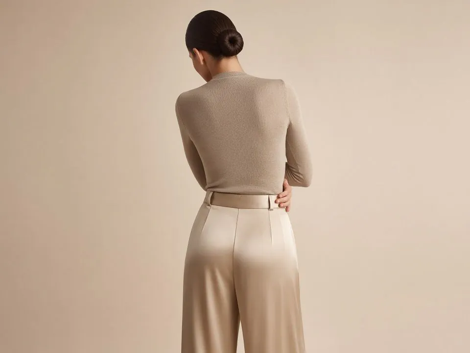 Woman seen from behind in a sand knit top and high-waisted champagne satin trousers, illustrating the Brazilian butt lift with Dr. Fulvio Correa in Cartagena