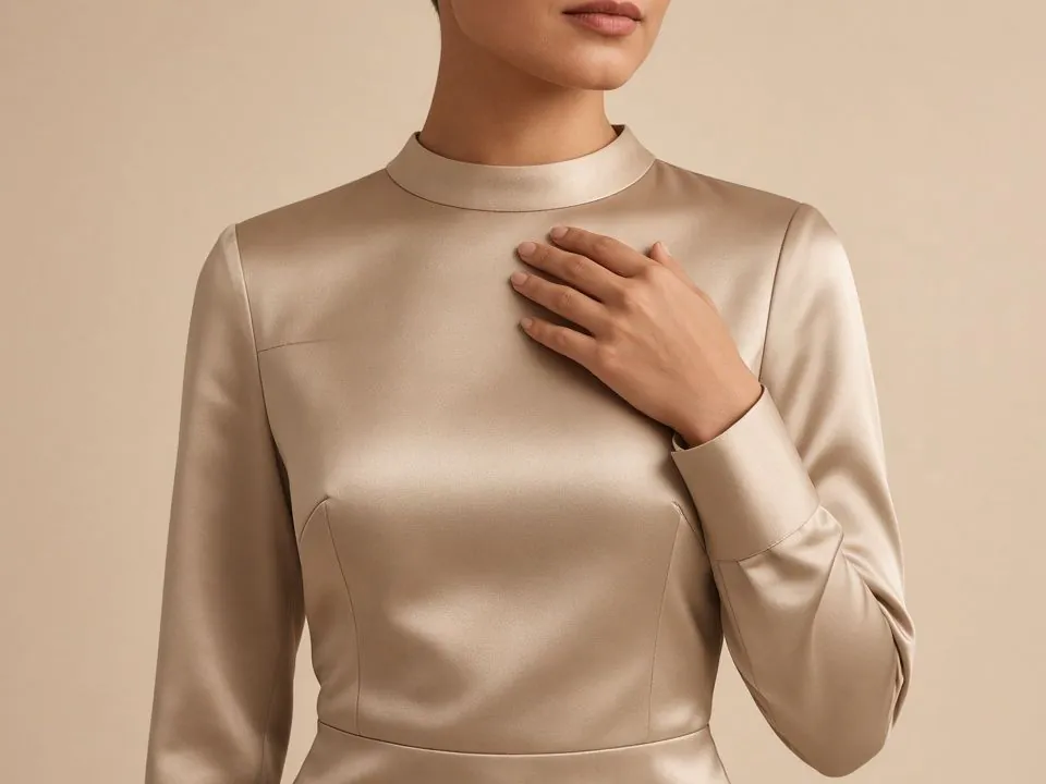 Woman in a high-neck champagne satin blouse with her hand resting on her chest, illustrating breast augmentation with Dr. Fulvio Correa in Cartagena