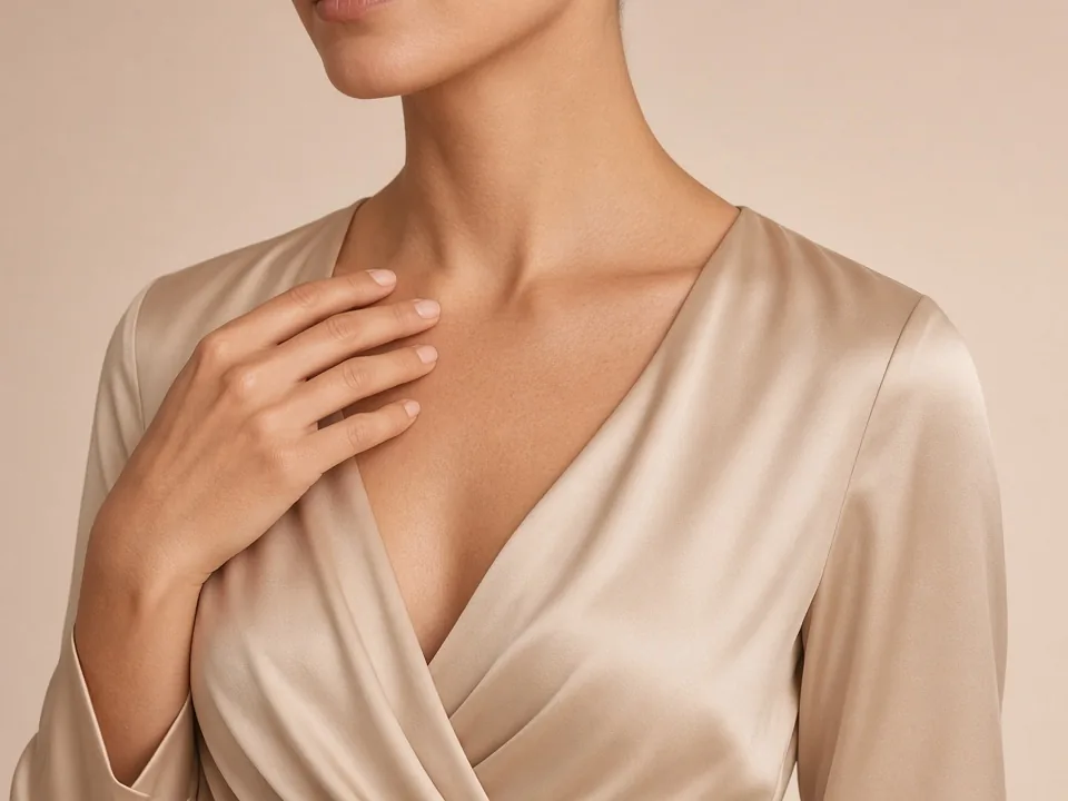 Woman in a champagne silk wrap blouse with her hand on her collarbone, illustrating breast lift and breast reduction with Dr. Fulvio Correa in Cartagena