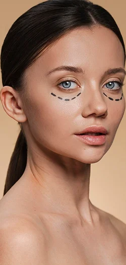 Fotografía cercana de un rostro con marcas quirúrgicas en los párpados, ilustrando la blefaroplastia con el Dr. Fulvio Correa en Cartagena