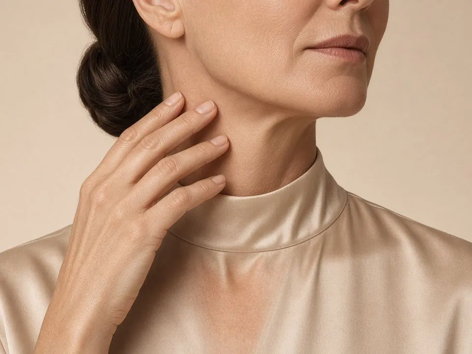 Mature woman in a champagne silk mock-neck blouse touching her neck below the jawline, illustrating facelift surgery with Dr. Fulvio Correa in Cartagena