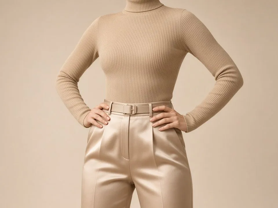 Woman in a ribbed sand turtleneck and belted champagne trousers with her hands on her hips, illustrating liposuction with Dr. Fulvio Correa in Cartagena