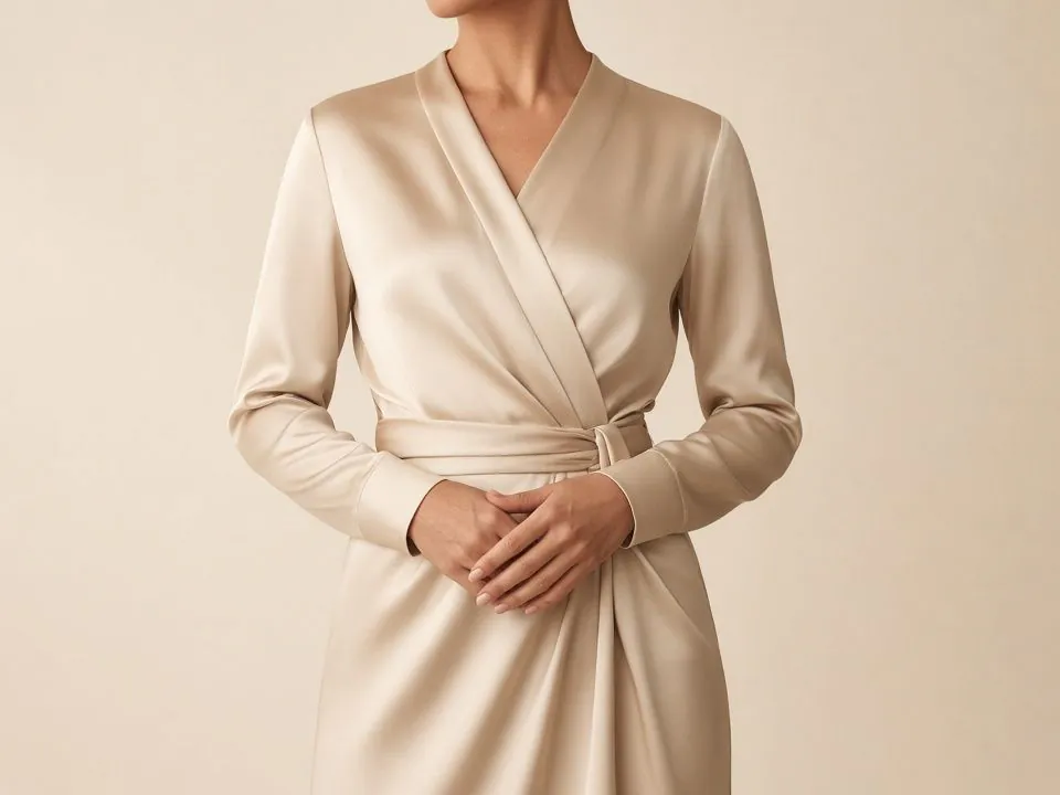 Woman in a champagne satin wrap dress with her hands clasped at the waist, illustrating the mommy makeover with Dr. Fulvio Correa in Cartagena