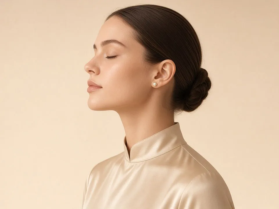 Side profile of a woman with eyes closed in a high-neck champagne silk blouse, illustrating rhinoplasty with Dr. Fulvio Correa in Cartagena
